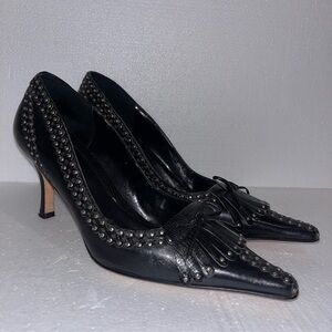 Joey Black Leather Heels with Kitten Heel and Fringe